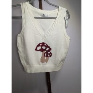 Hollister‎ Women Preppy Mushroom Knit Cropped Tank Top Sweater Vest S White NEW